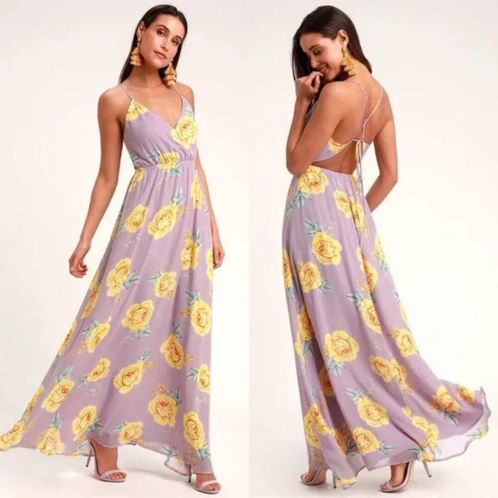 Lulus Kind & Loving Lavender Lined Chiffon Floral Almost Backless Maxi SzM - Picture 1 of 9